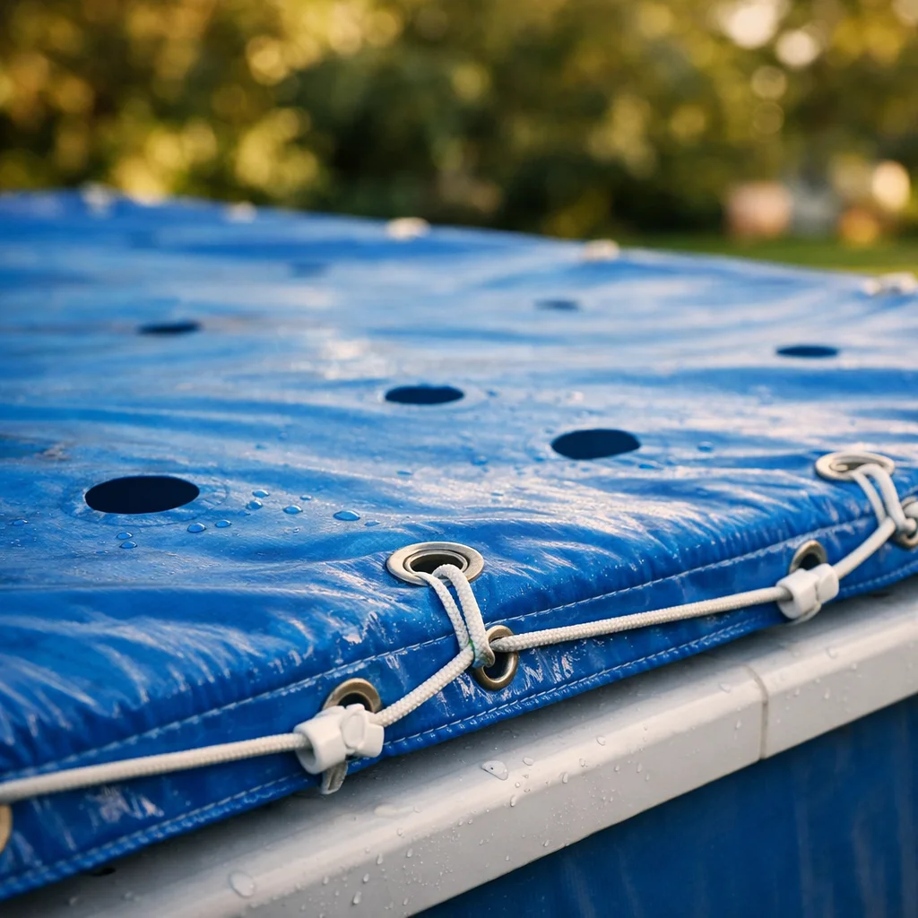 Détail du système de cordelettes et trous de drainage d’une bâche piscine Bestway