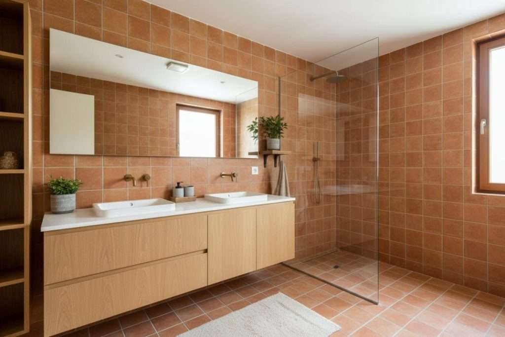 Salle de bain terracotta et bois : l’union parfaite